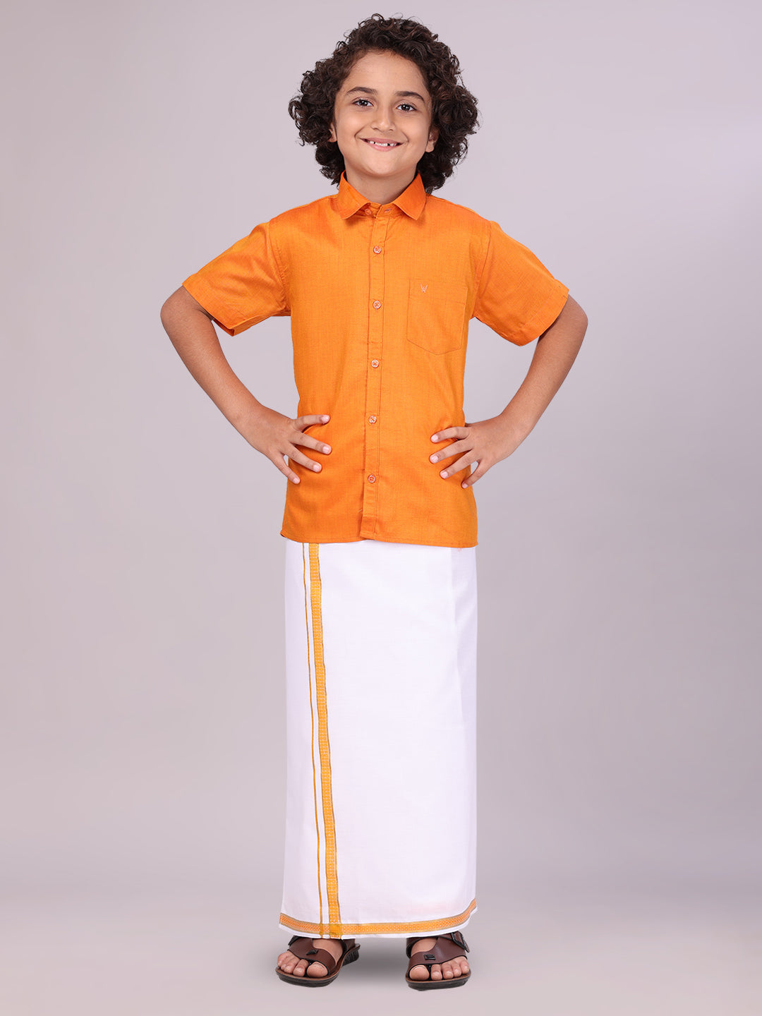 Boys Orange Matching Half Sleeves Shirt with Fancy Flexi Dhoti Combo 