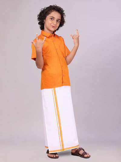 Boys Orange Matching Half Sleeves Shirt with Fancy Flexi Dhoti Combo side pose