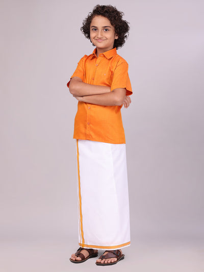 Boys Orange Matching Half Sleeves Shirt with Fancy Flexi Dhoti Combo side pose