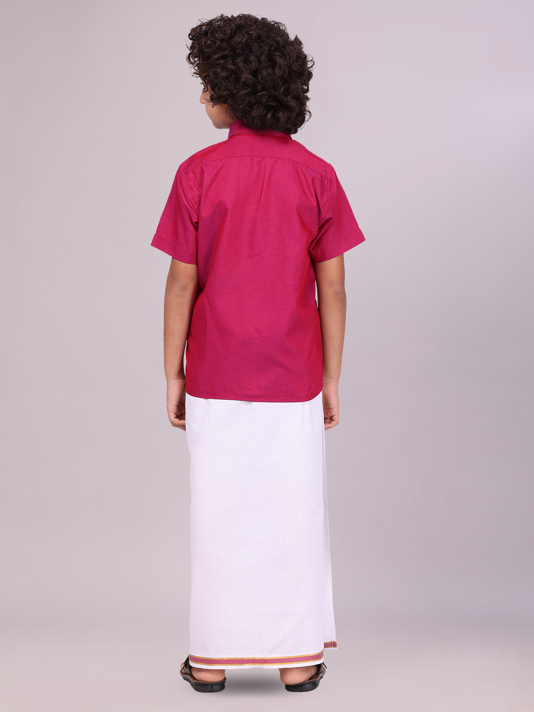 Boys Wine Matching Half Sleeves Shirt with Fancy Flexi Dhoti Combo back pose
