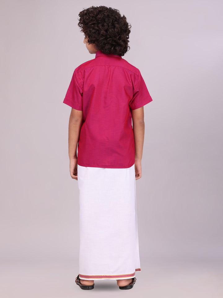 Boys Wine Matching Half Sleeves Shirt with Fancy Flexi Dhoti Combo back pose