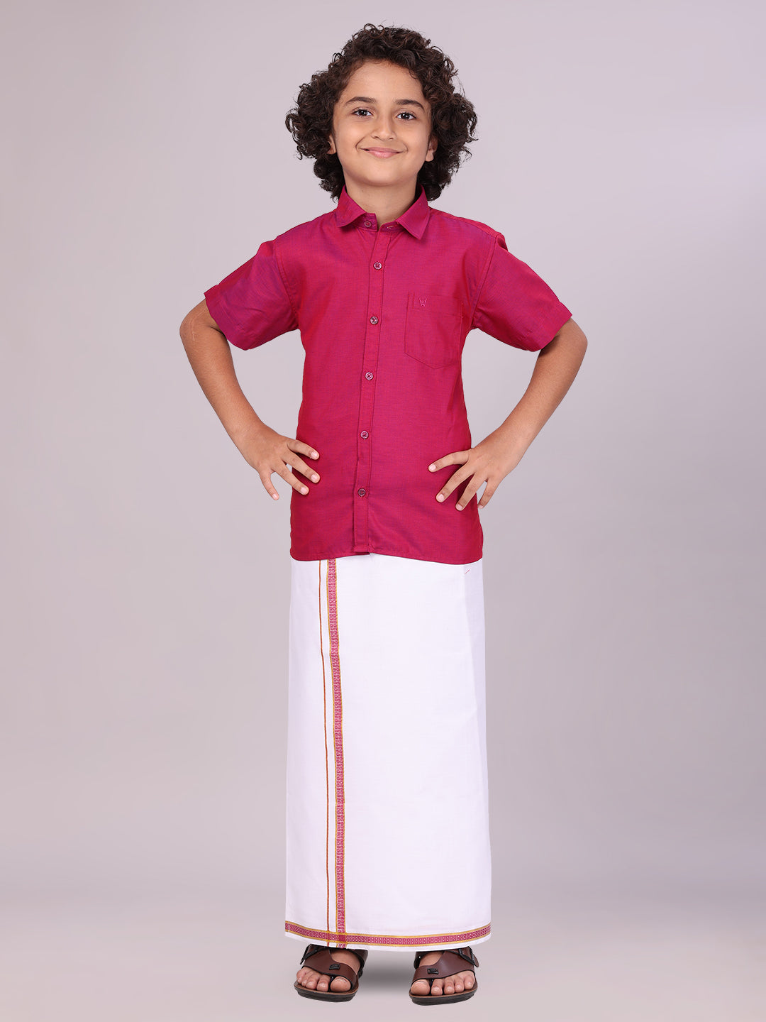 Boys Wine Matching Half Sleeves Shirt with Fancy Flexi Dhoti Combo Brave Boy