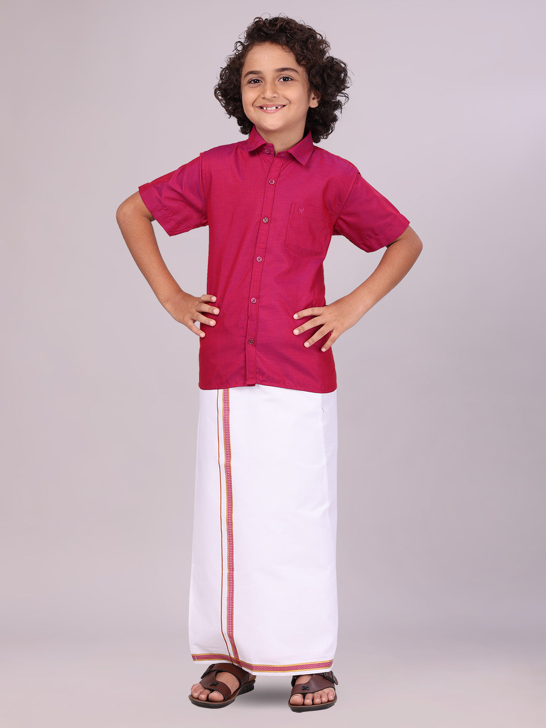 Boys Wine Matching Half Sleeves Shirt with Fancy Flexi Dhoti Combo front pose