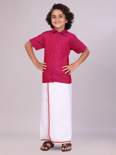 Boys Wine Matching Half Sleeves Shirt with Fancy Flexi Dhoti Combo Brave Boy