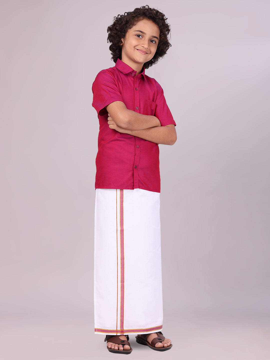 Boys Wine Matching Half Sleeves Shirt with Fancy Flexi Dhoti Combo side pose