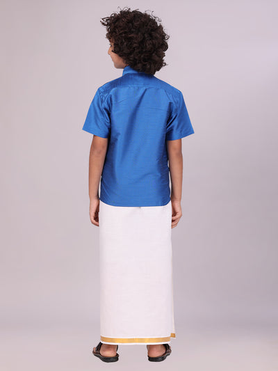 View details for Boys Blue Color Half Sleeves Shirt with Gold Jari Flexi Dhoti back pose