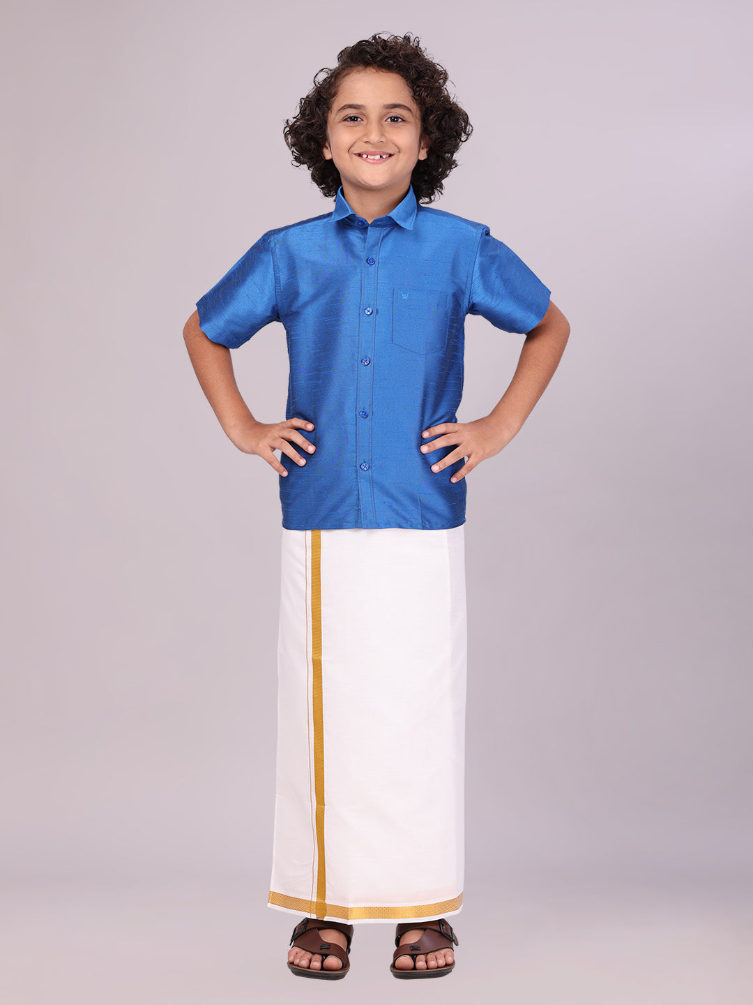 Boys Blue Color Half Sleeves Shirt with Gold Jari Flexi Dhoti Adorable Boy