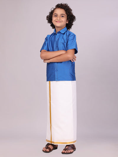 View details for Boys Blue Color Half Sleeves Shirt with Gold Jari Flexi Dhoti side pose