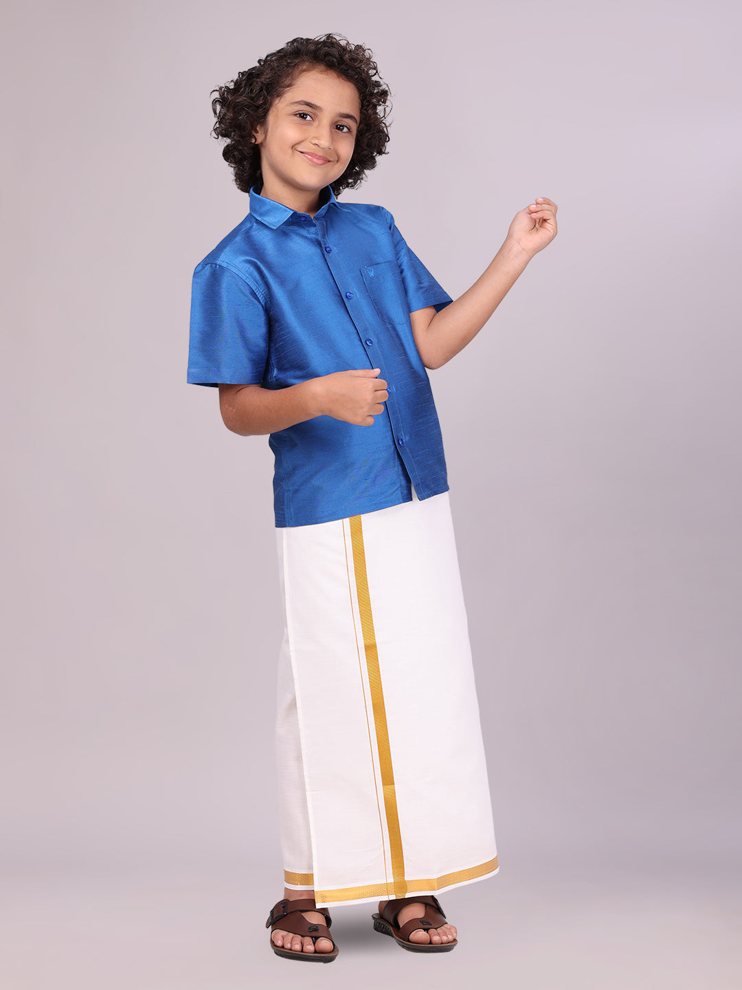 View details for Boys Blue Color Half Sleeves Shirt with Gold Jari Flexi Dhoti side pose