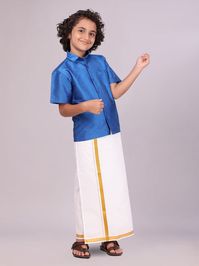 View details for Boys Blue Color Half Sleeves Shirt with Gold Jari Flexi Dhoti side pose