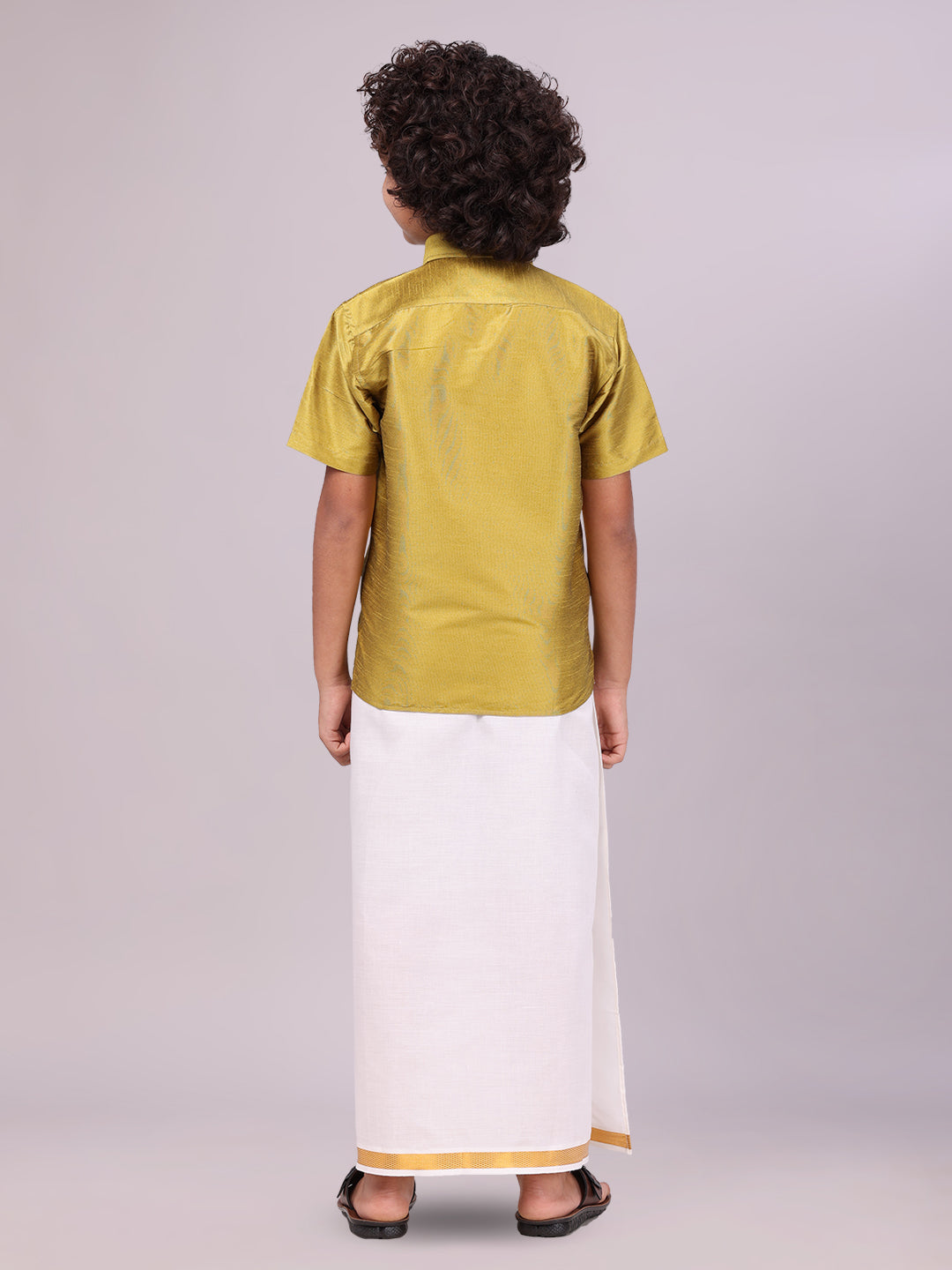 Boys Light Green Color Half Sleeves Shirt with Gold Jari Flexi Dhoti Adorable Boy