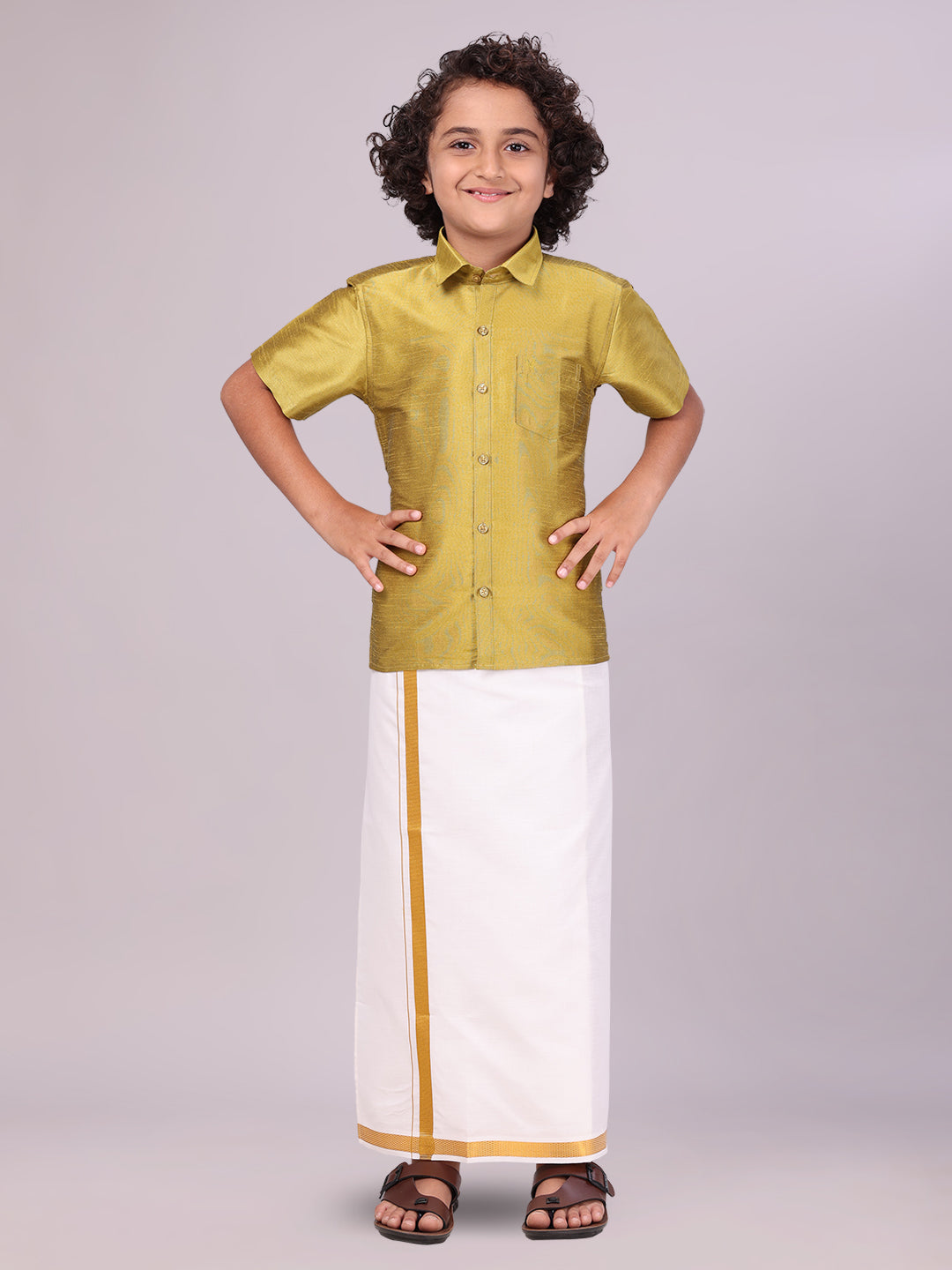 Boys Light Green Color Half Sleeves Shirt with Gold Jari Flexi Dhoti Adorable Boy