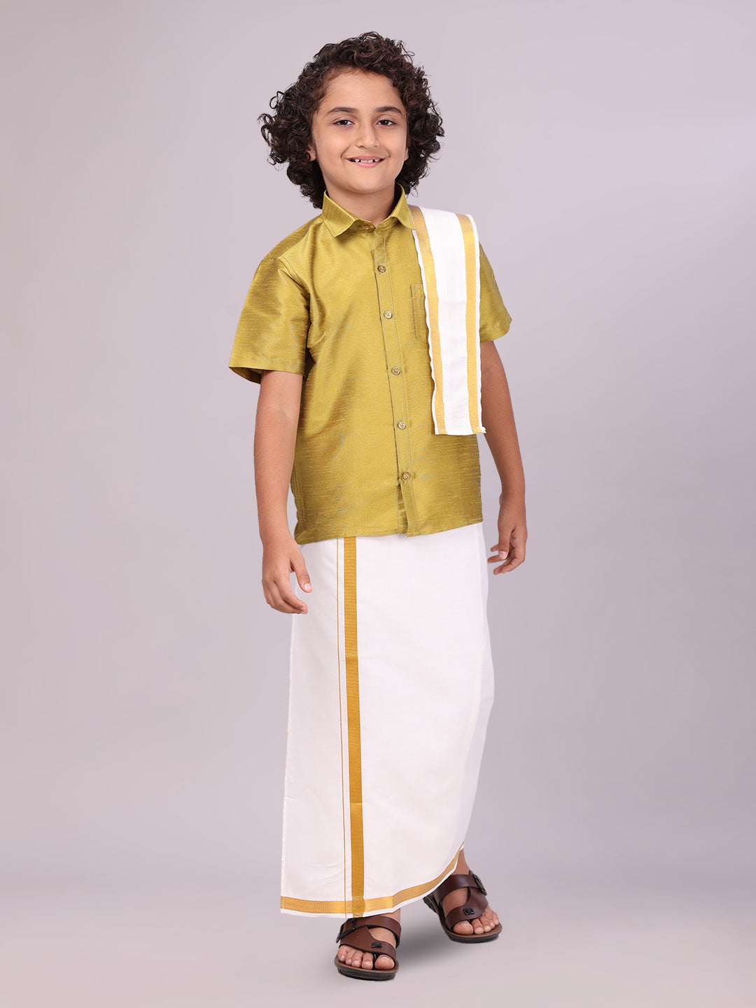 Boys Light Green Color Half Sleeves Shirt with Gold Jari Flexi Dhoti Adorable Boy