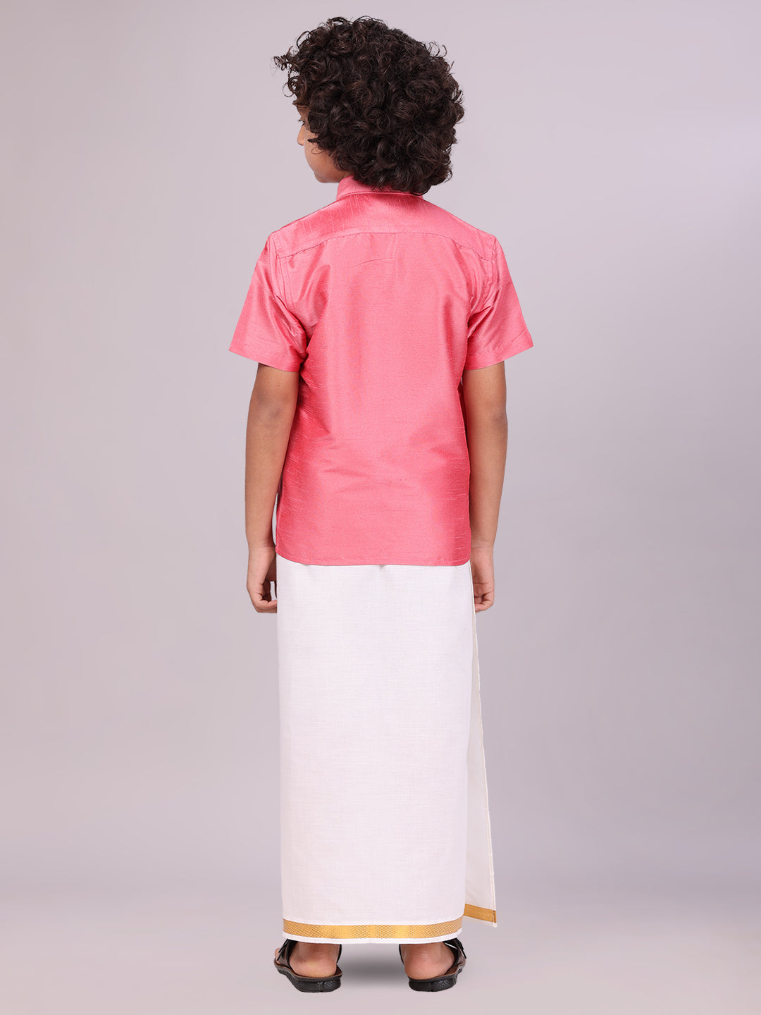 Boys Pink Color Half Sleeves Shirt with Gold Jari Flexi Dhoti back pose