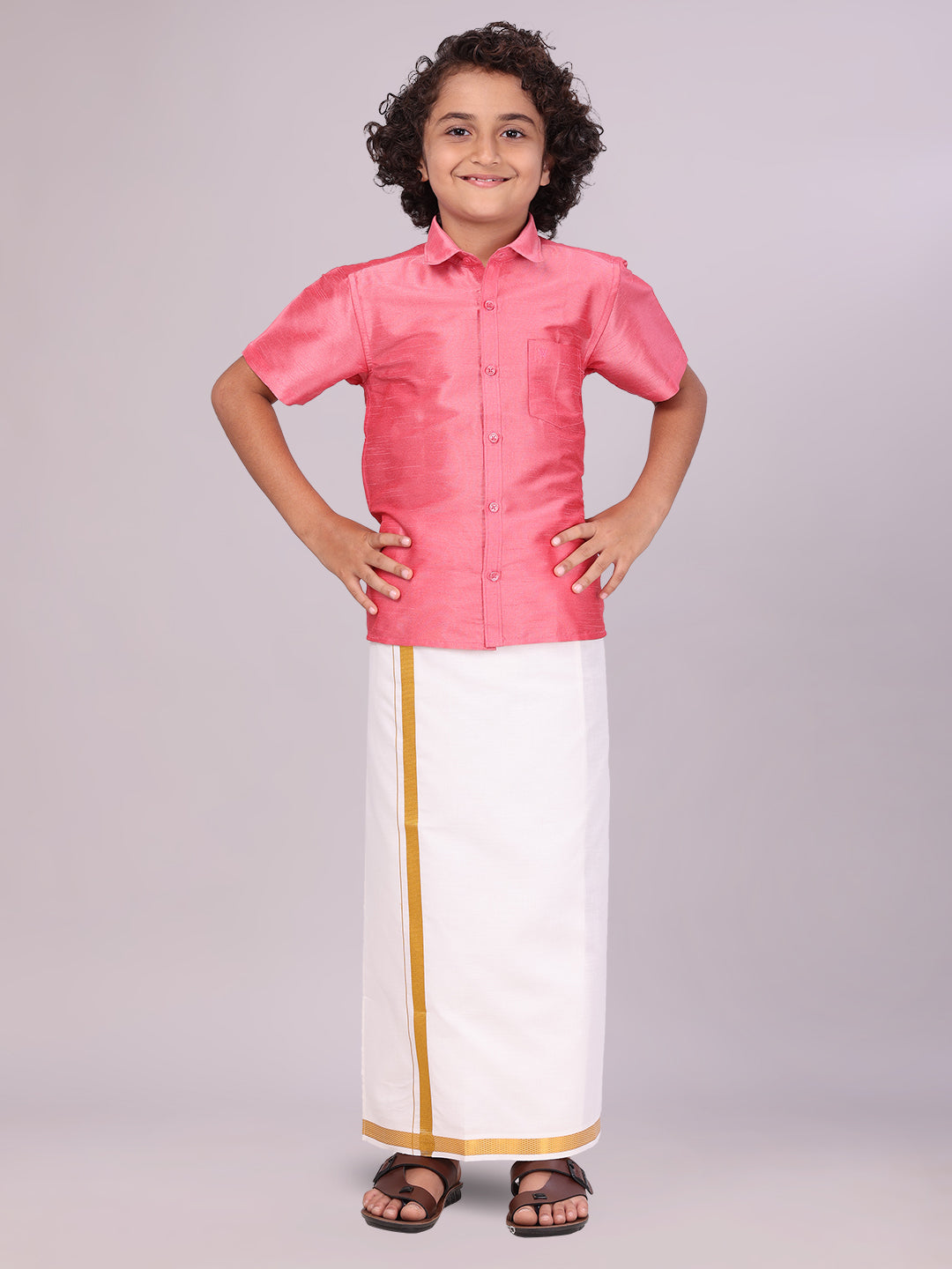 Boys Pink Color Half Sleeves Shirt with Gold Jari Flexi Dhoti 