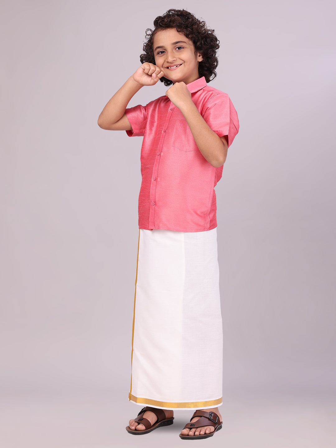 Boys Pink Color Half Sleeves Shirt with Gold Jari Flexi Dhoti side pose