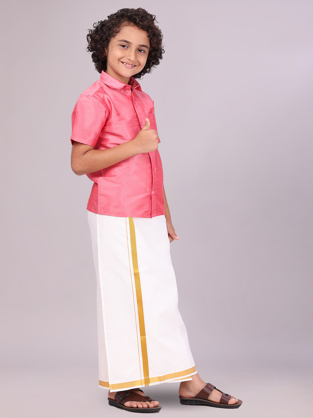 Boys Pink Color Half Sleeves Shirt with Gold Jari Flexi Dhoti side pose