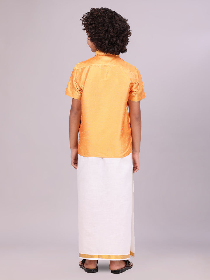 Boys Golden Yellow Color Half Sleeves Shirt with Gold Jari Flexi Dhoti back pose