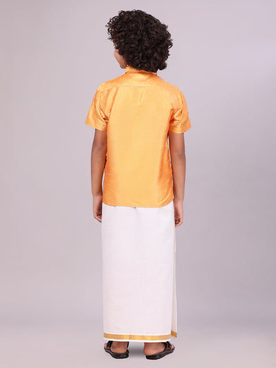 Boys Golden Yellow Color Half Sleeves Shirt with Gold Jari Flexi Dhoti back pose