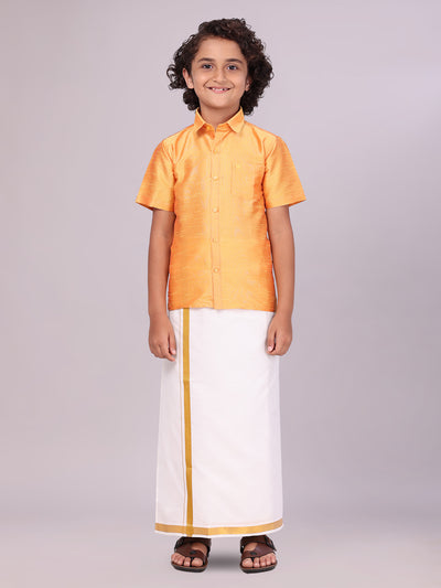 Boys Golden Yellow Color Half Sleeves Shirt with Gold Jari Flexi Dhoti front pose