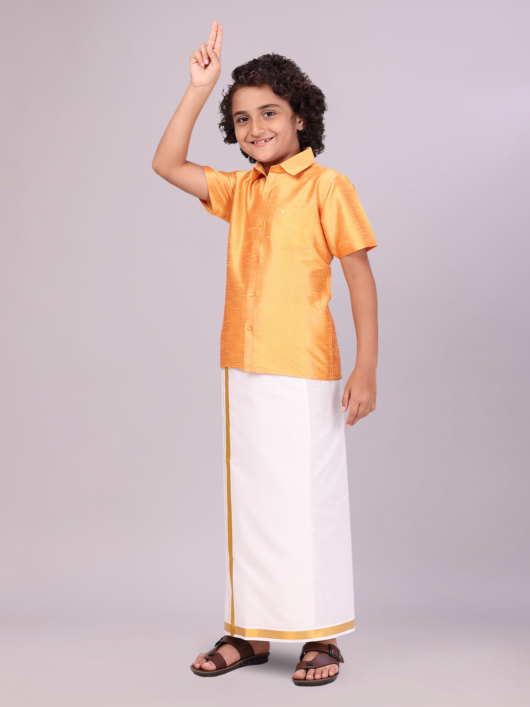 Boys Golden Yellow Color Half Sleeves Shirt with Gold Jari Flexi Dhoti side pose