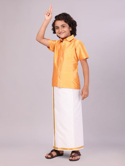 Boys Golden Yellow Color Half Sleeves Shirt with Gold Jari Flexi Dhoti side pose