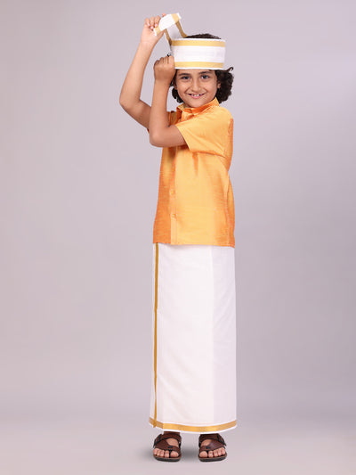 Dupion Satin Golden Yellow Shirt with Dhoti Combo for kids and boys