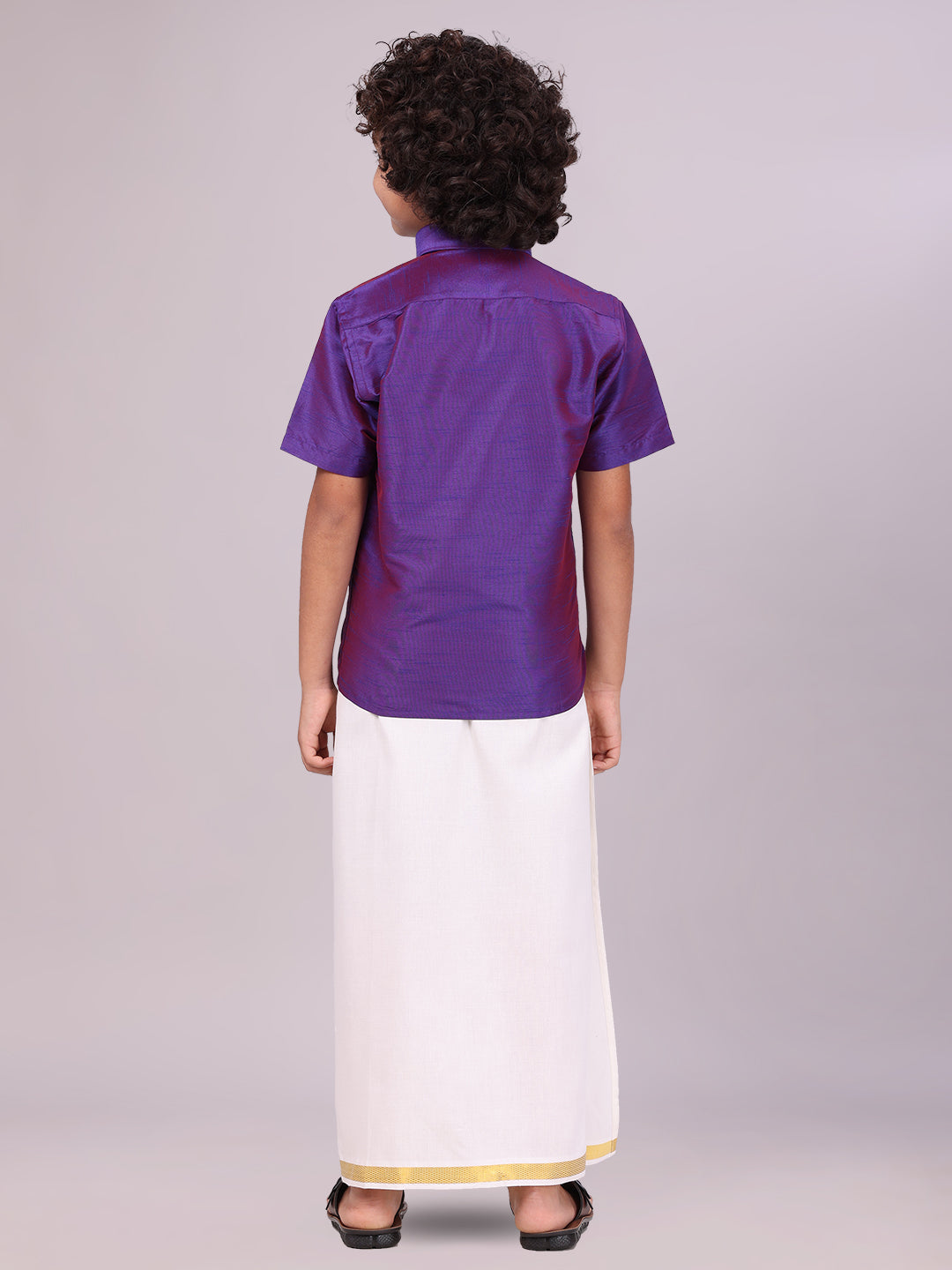 Boys Violet Color Half Sleeves Shirt with Gold Jari Flexi Dhoti back pose