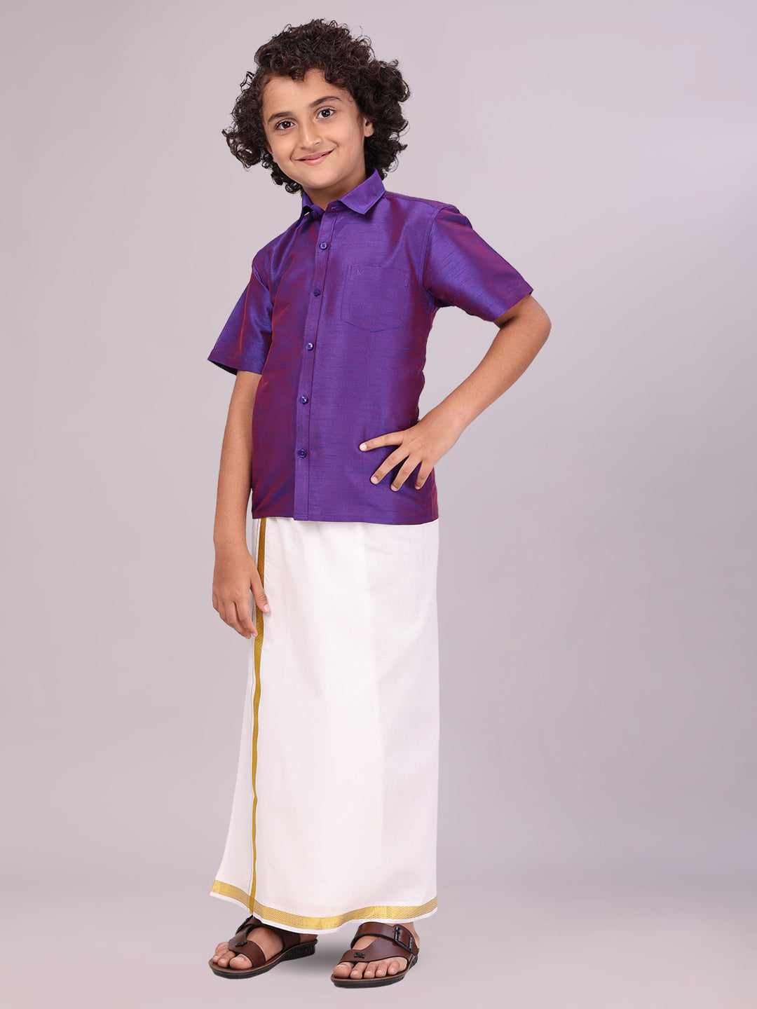 Boys Violet Color Half Sleeves Shirt with Gold Jari Flexi Dhoti side pose