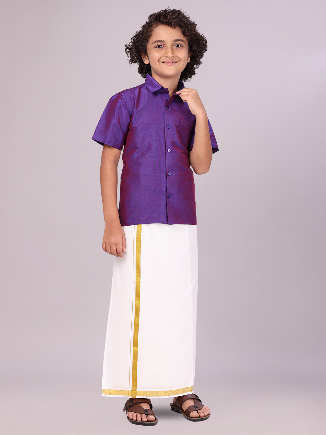 Boys Violet Color Half Sleeves Shirt with Gold Jari Flexi Dhoti side pose