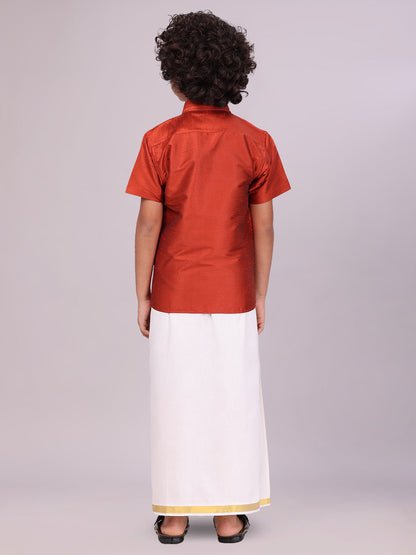 Boys Red Color Half Sleeves Shirt with Gold Jari Flexi Dhoti back pose