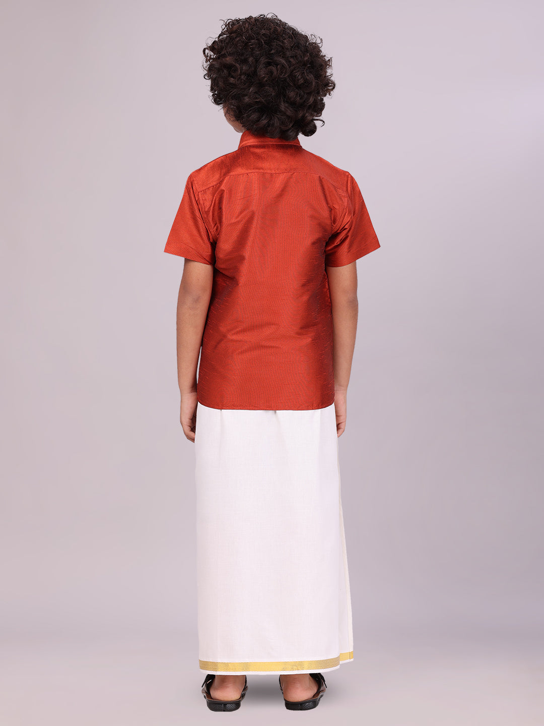 Boys Red Color Half Sleeves Shirt with Gold Jari Flexi Dhoti Adorable Boy