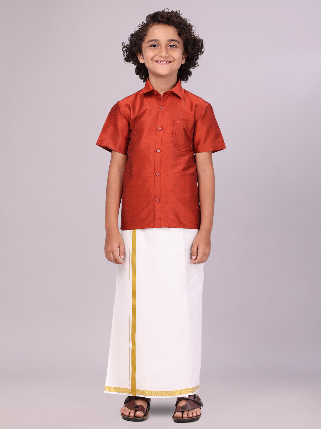 Boys Red Color Half Sleeves Shirt with Gold Jari Flexi Dhoti 