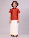 Boys Red Color Half Sleeves Shirt with Gold Jari Flexi Dhoti Adorable Boy