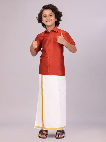 Boys Red Color Half Sleeves Shirt with Gold Jari Flexi Dhoti side pose