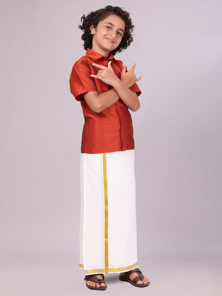 Boys Red Color Half Sleeves Shirt with Gold Jari Flexi Dhoti side pose