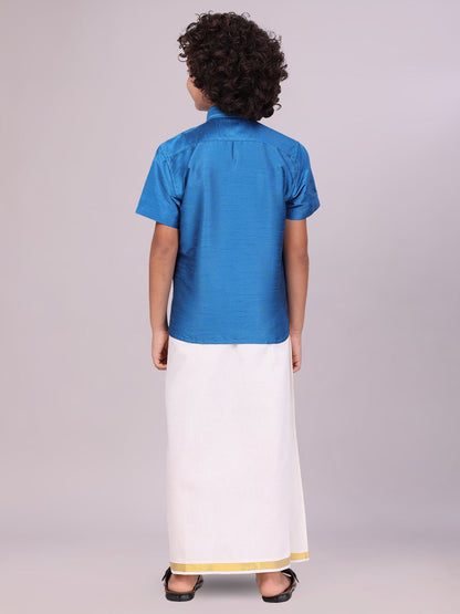 View details for Boys Blue Color Half Sleeves Shirt with Gold Jari Flexi Dhoti back pose