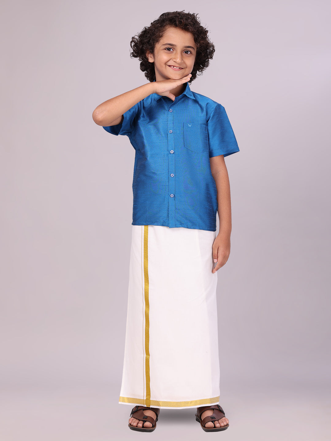 Boys Blue Color Half Sleeves Shirt with Gold Jari Flexi Dhoti Adorable Boy