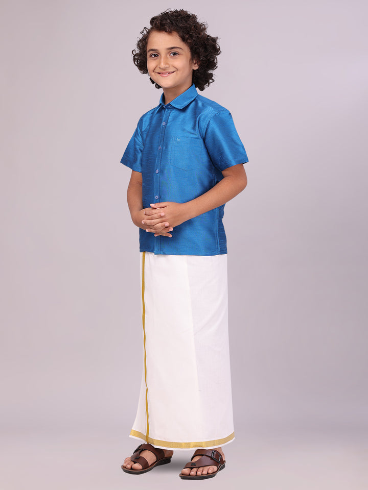 View details for Boys Blue Color Half Sleeves Shirt with Gold Jari Flexi Dhoti side pose