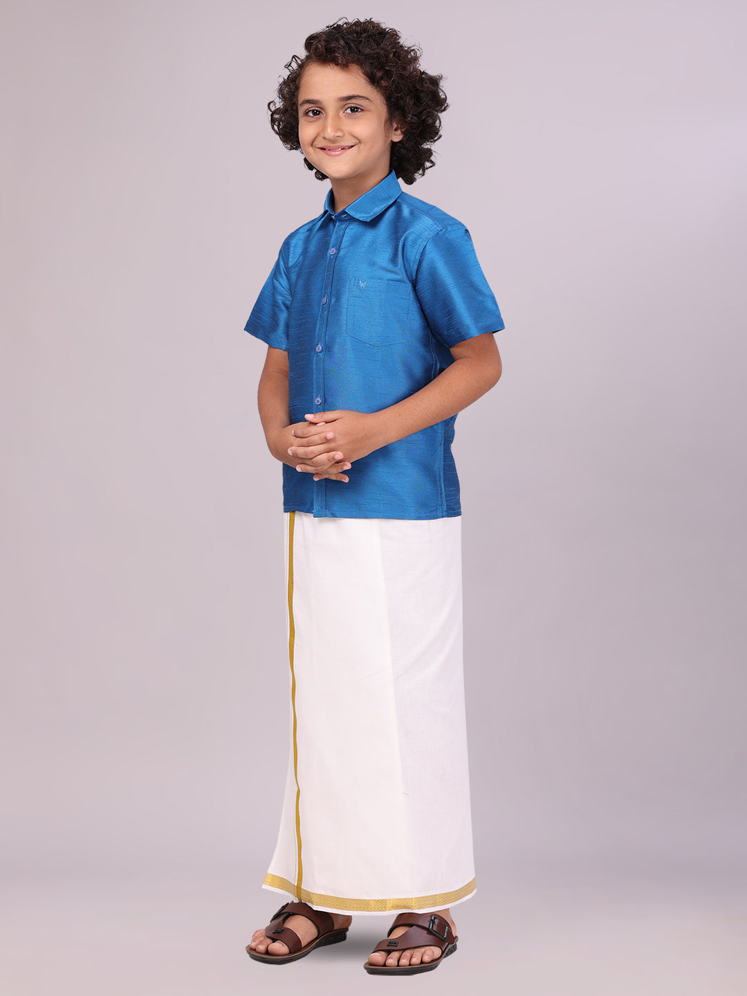 Boys Blue Color Half Sleeves Shirt with Gold Jari Flexi Dhoti Adorable Boy