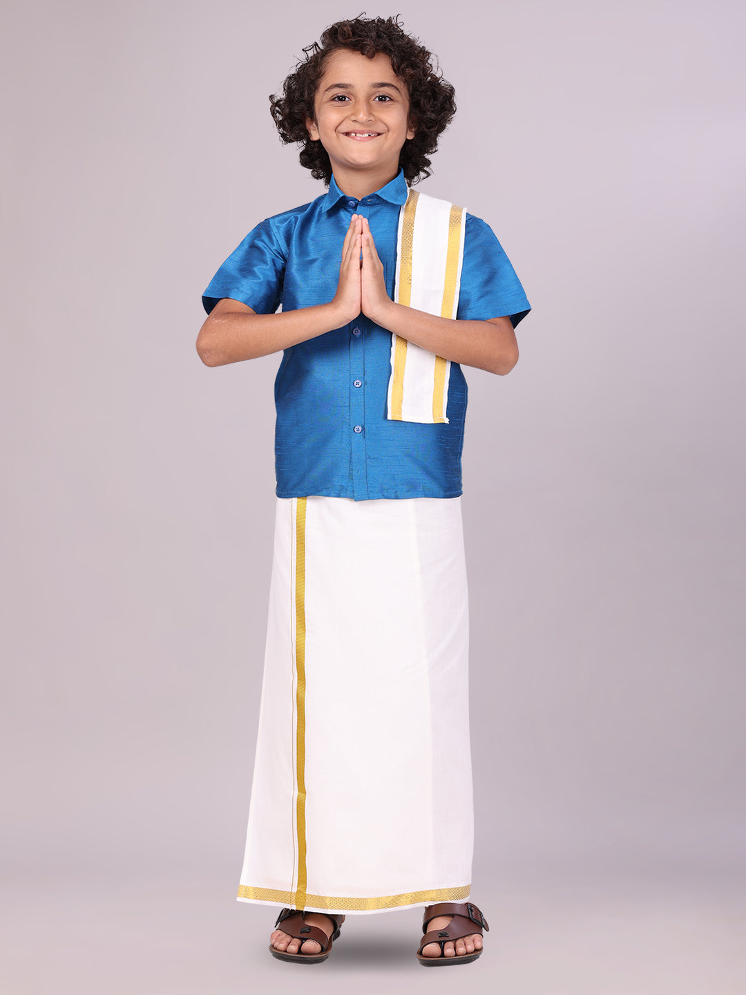 Boys Blue Color Half Sleeves Shirt with Gold Jari Flexi Dhoti Adorable Boy