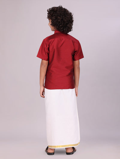 Boys Maroon Color Half Sleeves Shirt with Gold Jari Flexi Dhoti Adorable Boy