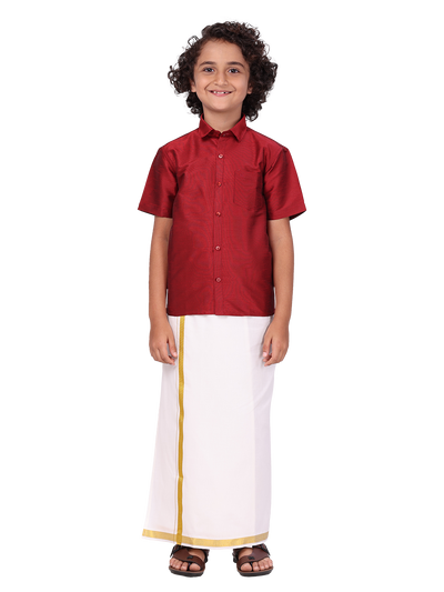 Boys Maroon Color Half Sleeves Shirt with Gold Jari Flexi Dhoti Adorable Boy