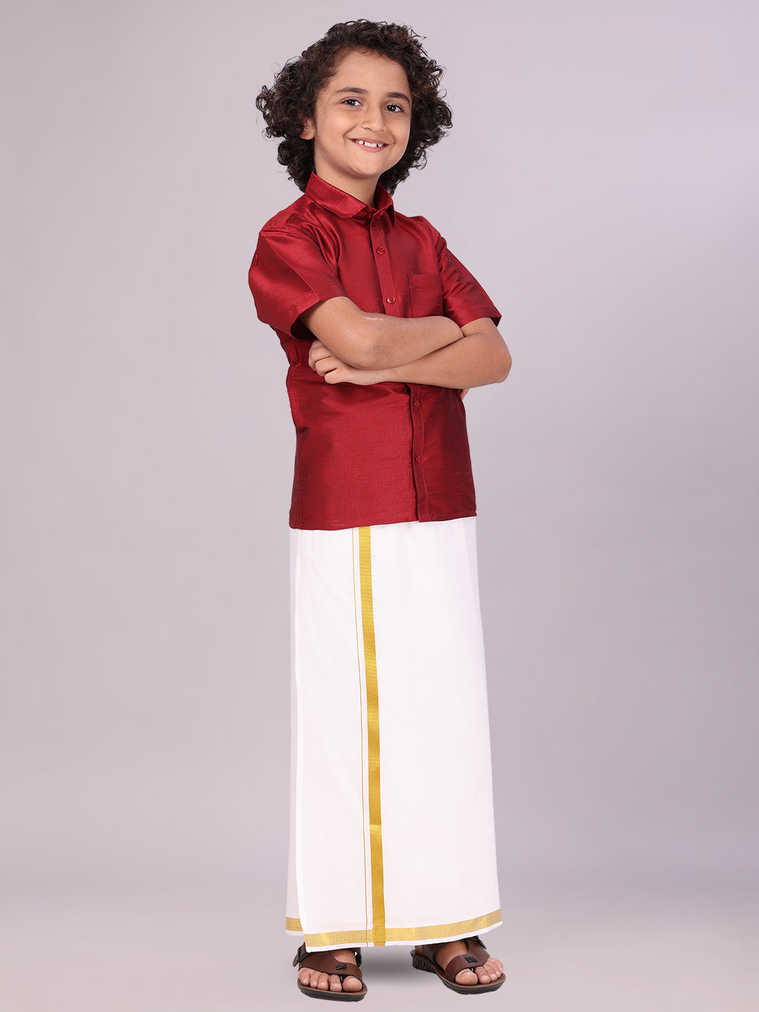 Boys Maroon Color Half Sleeves Shirt with Gold Jari Flexi Dhoti side pose