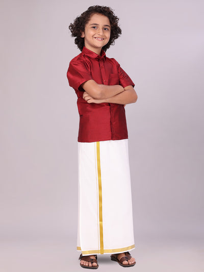 Boys Maroon Color Half Sleeves Shirt with Gold Jari Flexi Dhoti Adorable Boy