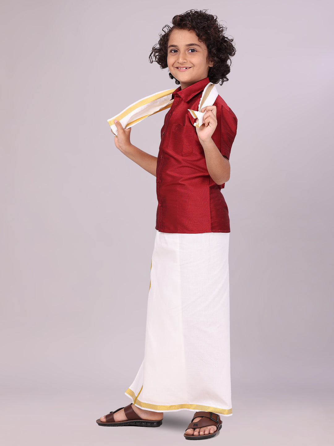 Boys Maroon Color Half Sleeves Shirt with Gold Jari Flexi Dhoti side pose