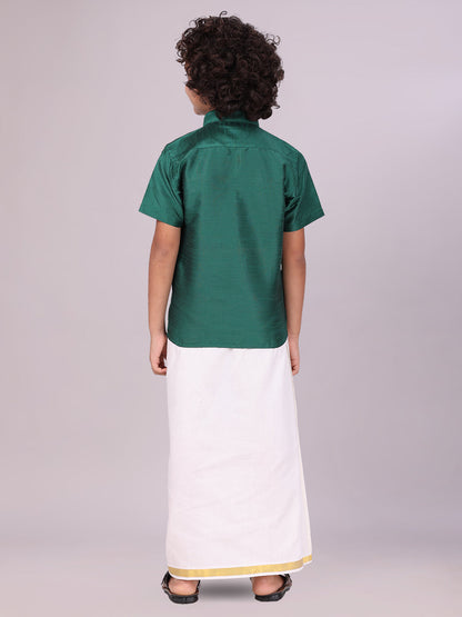 Boys Green Color Half Sleeves Shirt with Gold Jari Flexi Dhoti back pose