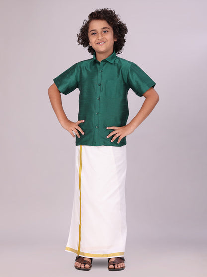 Boys Green Color Half Sleeves Shirt with Gold Jari Flexi Dhoti 