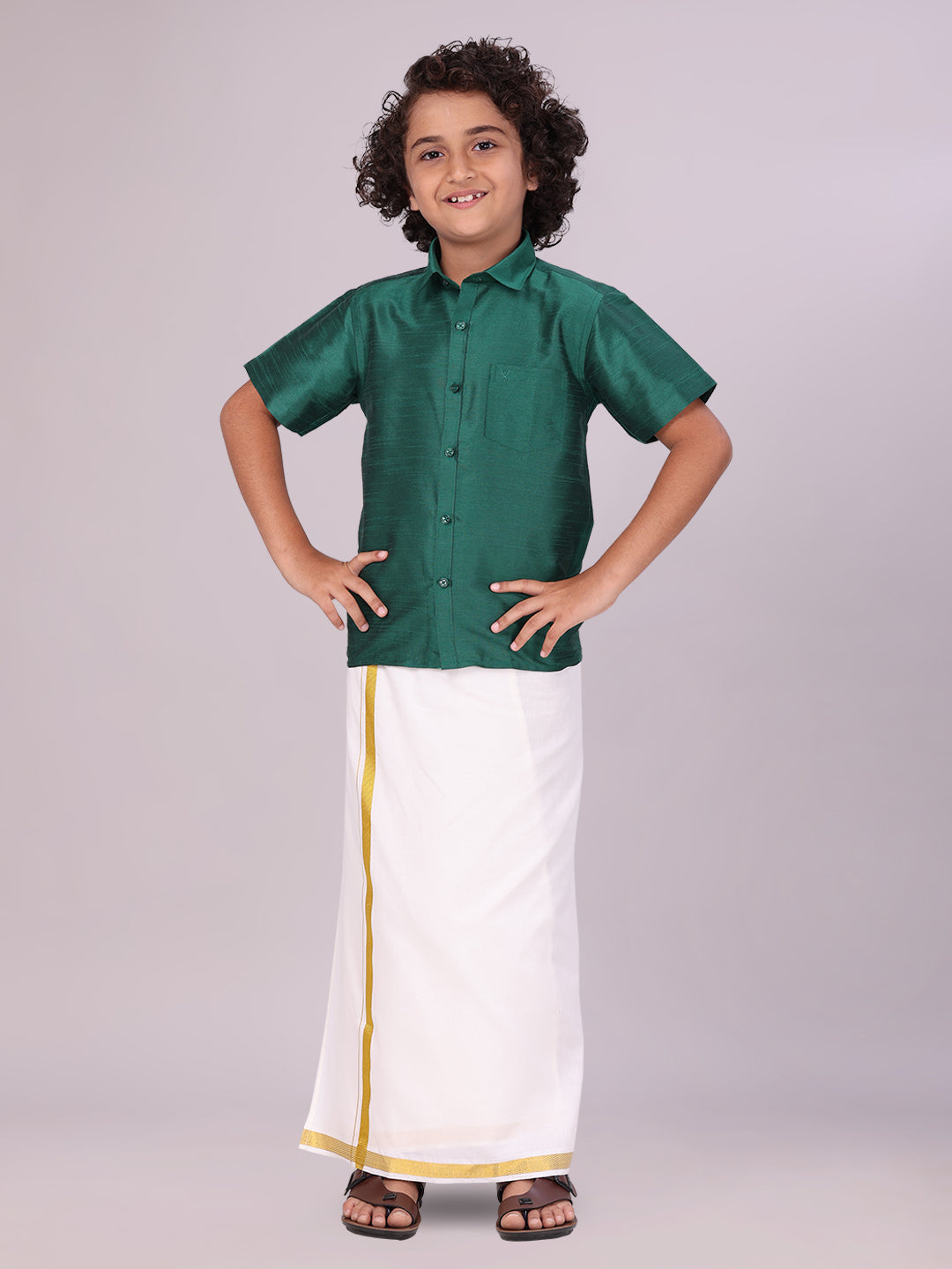 Boys Green Color Half Sleeves Shirt with Gold Jari Flexi Dhoti Adorable Boy