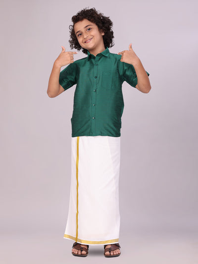 Boys Green Color Half Sleeves Shirt with Gold Jari Flexi Dhoti Adorable Boy